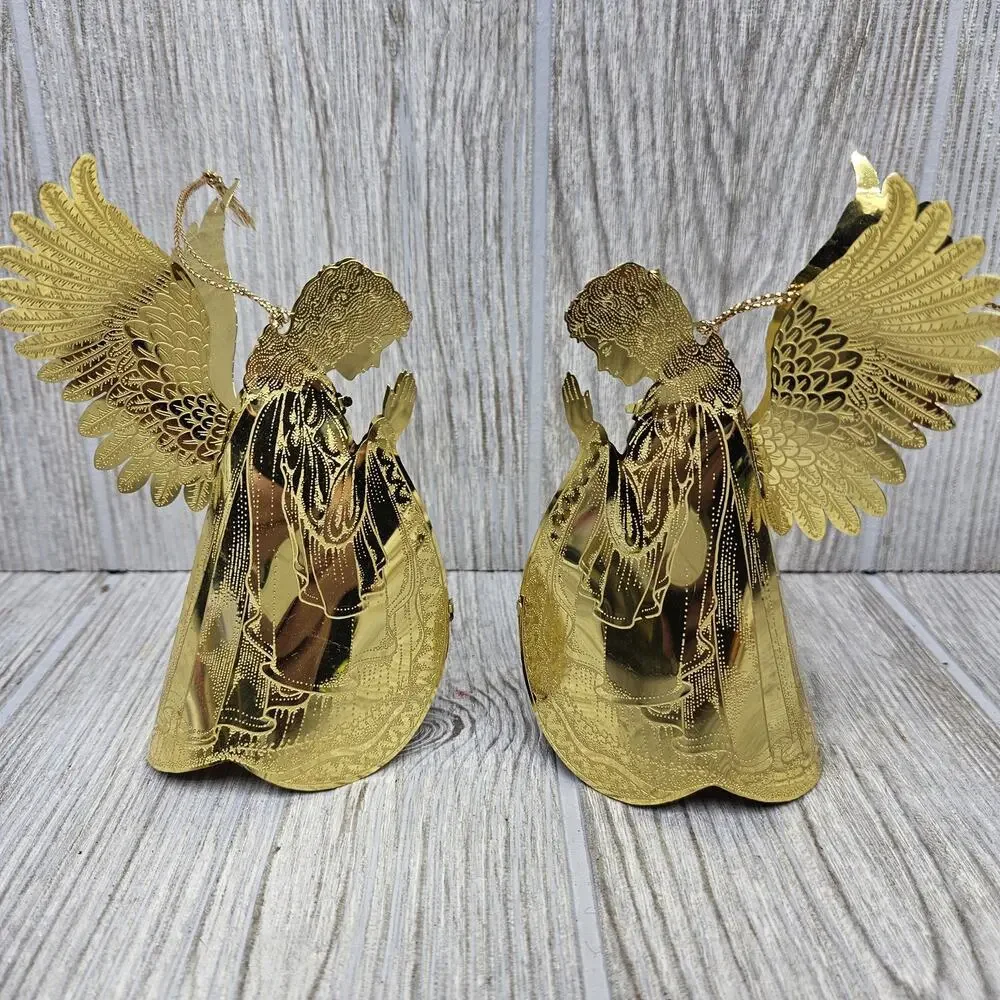 2 Vintage Gold Brass Metal Angel‎ Ornaments Praying Christmas Holiday Decor